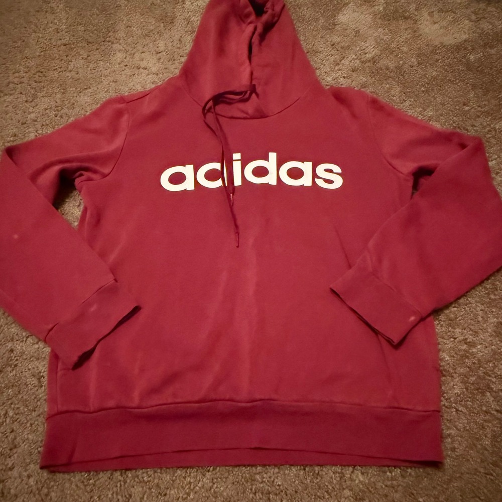 Adidas Essentials Linear Pullover Hoodie Burgundy White Logo Sweatshirt small